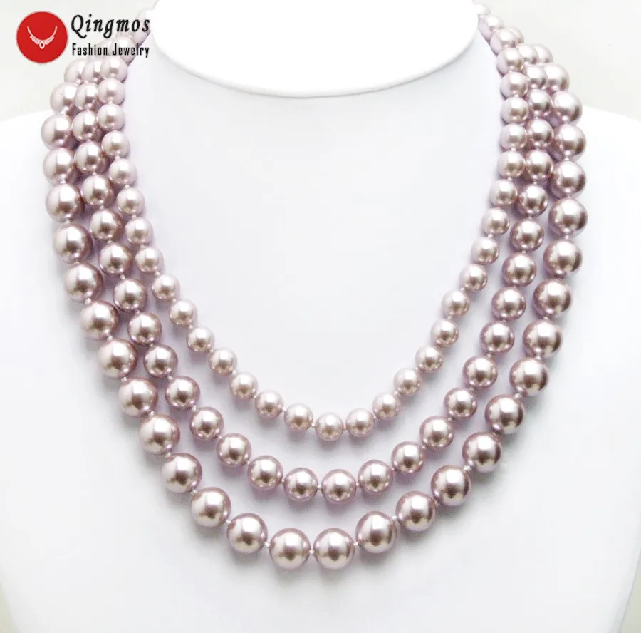 Qingmos Purple Sea Shell Pearl Necklace for Women with 8-12mm Round Sea Shell Pearl 3 Strands 17'' Chokers Necklace Silver Clasp