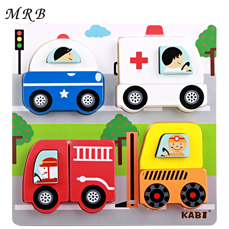 Wooden 3D Puzzles Kids Toys Cartoon animal traffic education jigsaw Puzzle Montessori Size 18 *18 * 2.5cm toy for children