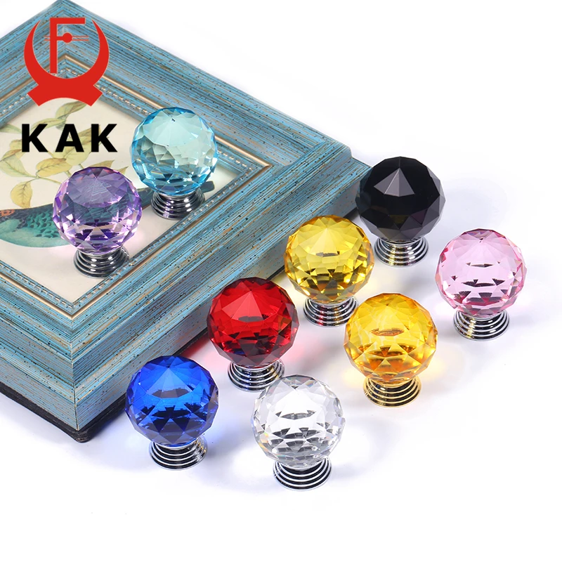 KAK Crystal Handles Kitchen Cabinet Knob Colorful Crystal Ball Dresser Pulls Drawer Knobs Kitchen Handles Furniture Hardware