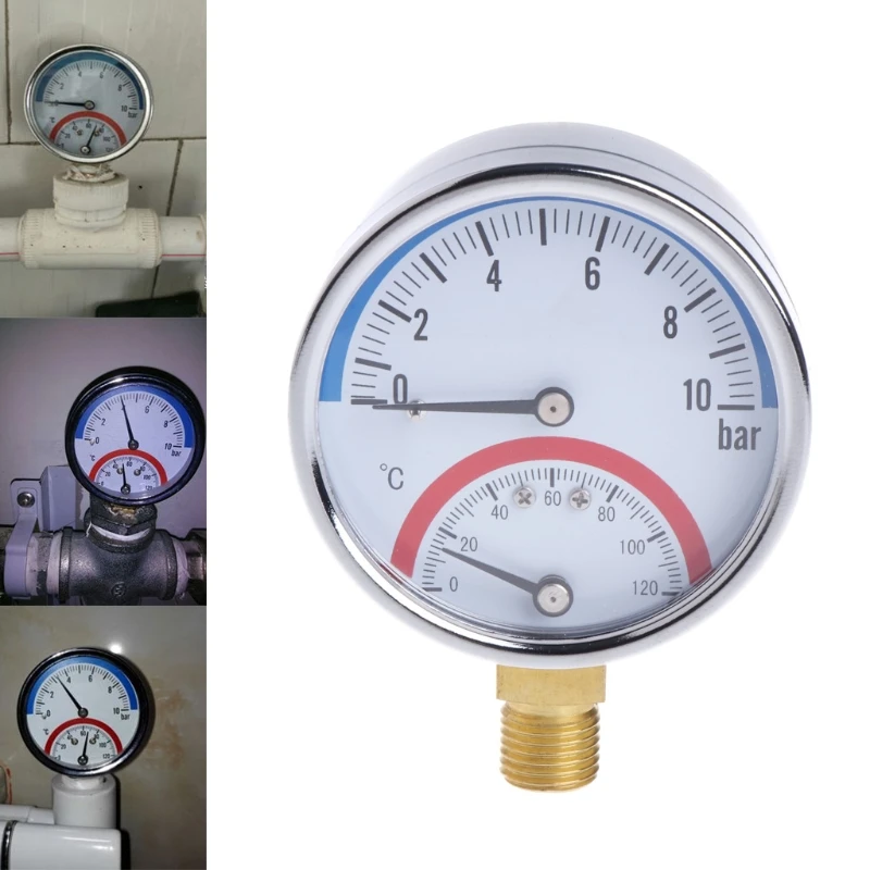 L69A Compact Pressure Gauge Meter 0-10 Bar Temperature Monitor Thermometer 0-120℃  G1/4 Thread Pressure Dial Type Useful