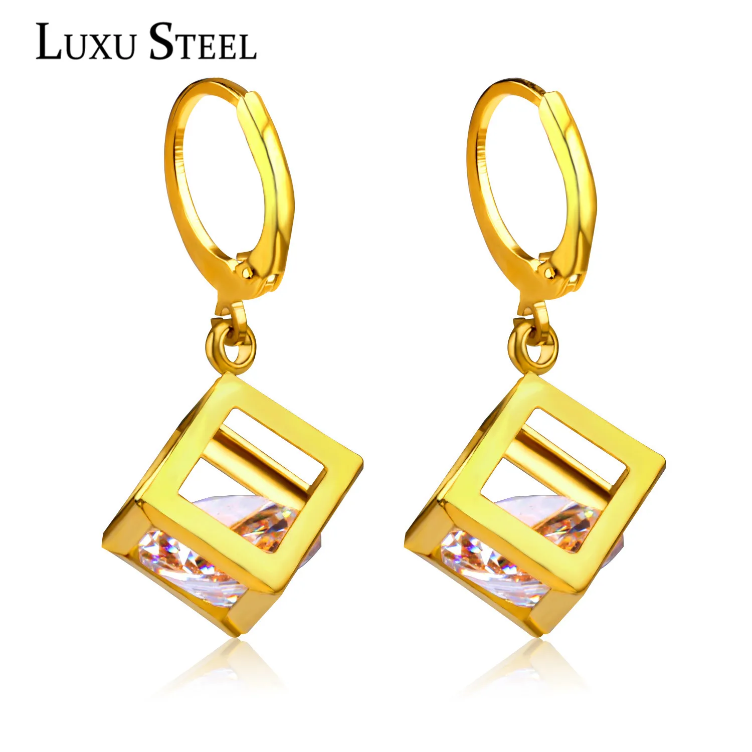 LUXUSTEEL Cubic Zirconia Dangle Earrings Hollow Golden Color Fashion Jewelry Wholesale/Retail Crystal Earrings For Women