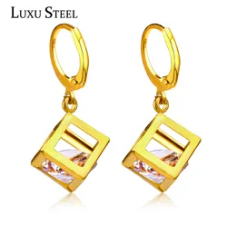 LUXUSTEEL Cubic Zirconia Dangle Earrings Hollow Golden Color Fashion Jewelry Wholesale/Retail Crystal Earrings For Women