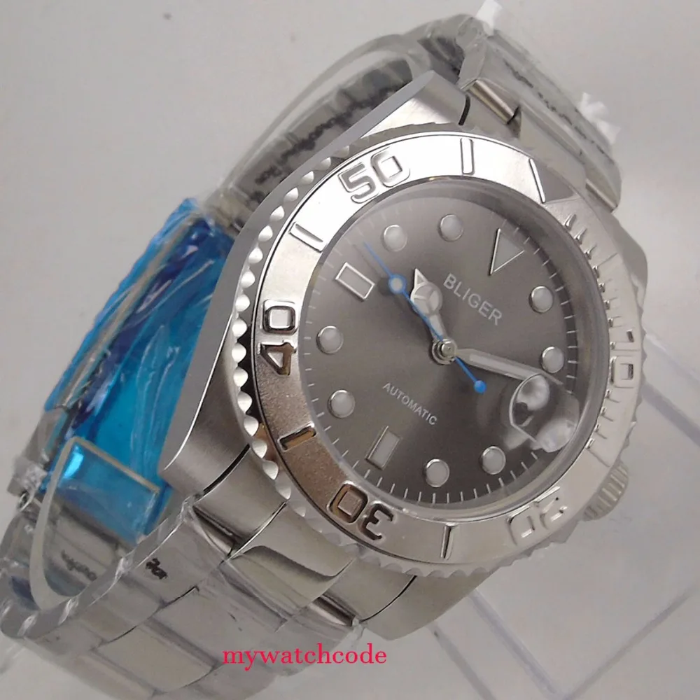 BLIGER SUB Sunburst gris NH35AA PT5000 reloj automático para hombre bisel giratorio de mano azul banda de pulido medio reloj profesional