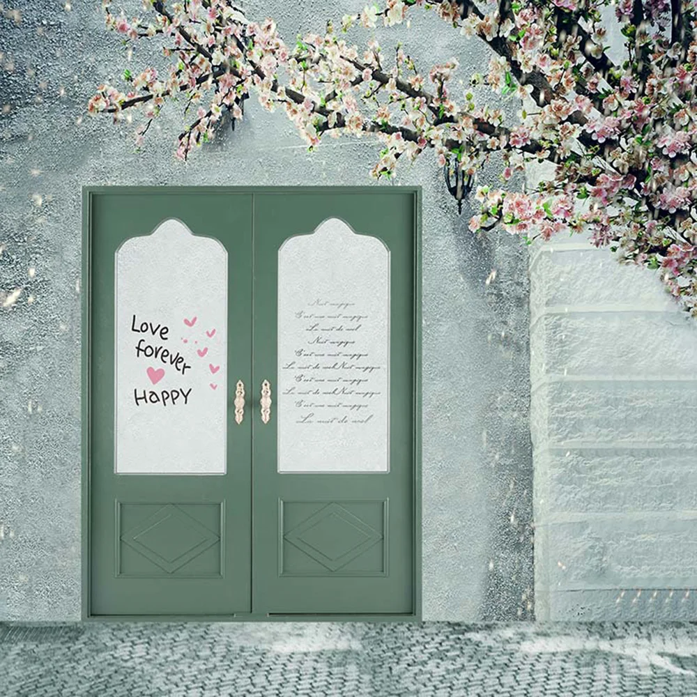 

Pastel Celadon Color Wall and Floor Doors Backdrop for Wedding Photography Printed Peach Blossoms Tree Valentines Day Background