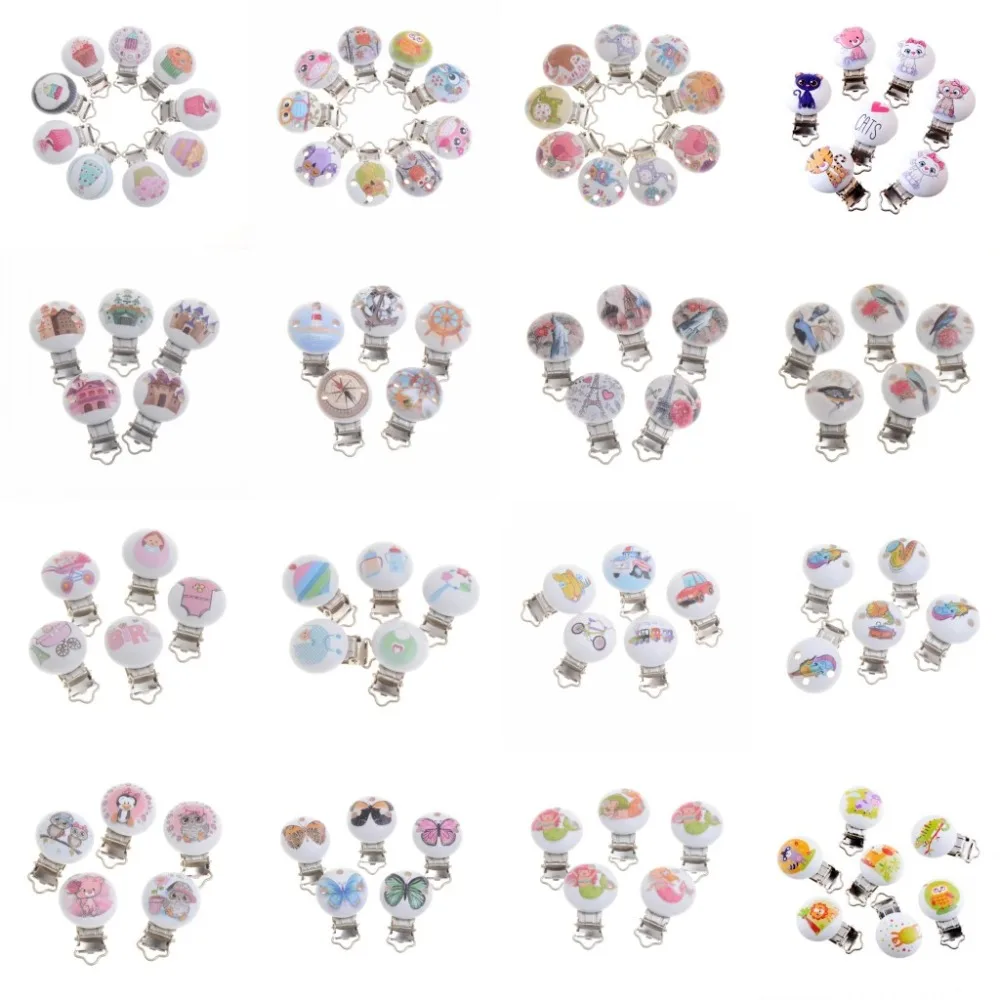 MIAOCHI Various patterns Metal Wooden Baby Safety Pacifier Clips 5PCs Cute Infant Teething Soother Clasps Holders Accessories