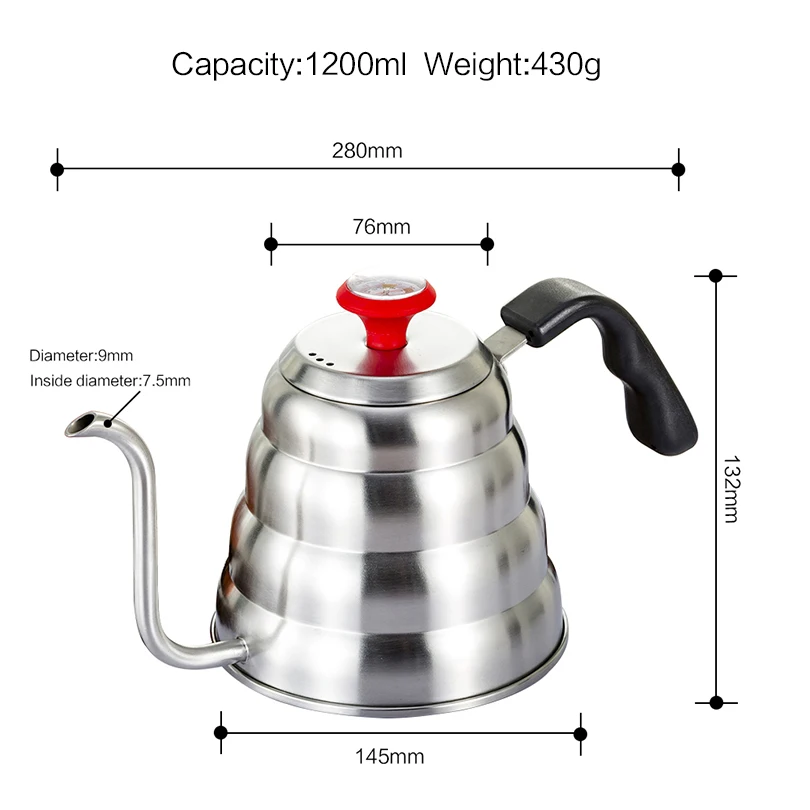 Drip Kettle Coffee Tea Pot 1.2L Stainless Steel Coffee Gooseneck Drip Kettle with Creative Thermometer Suit For Induction Cooker