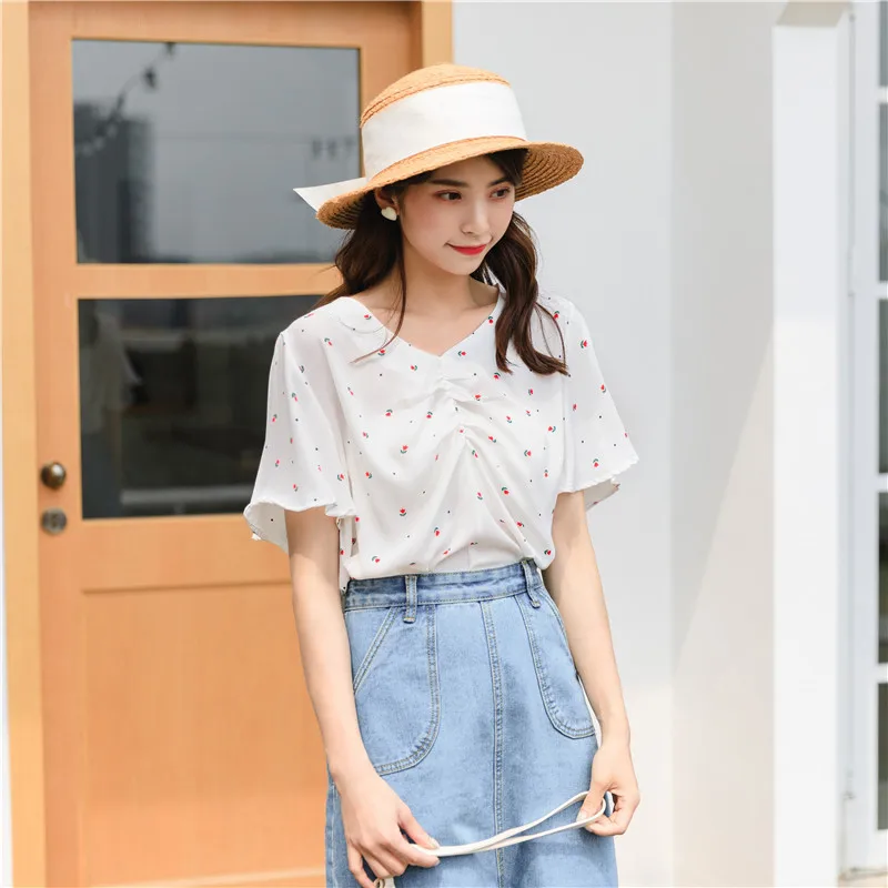 Summer New Korean Shirt Women V-collar Flare Sleeve Printed Wrinkle Blouse Top Girl Temperament Loose Short Sleeved Shirts H9161