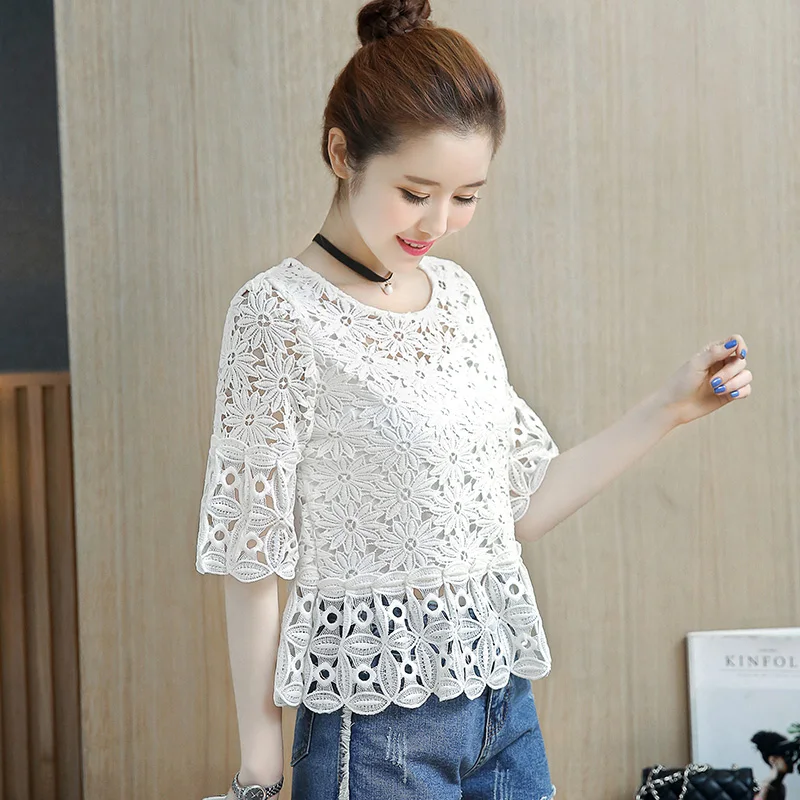 Women's Short-Sleeved Lace Shirt, Loose Tops, Openwork Shirt, Pure White, Female Fashion, Summer, New, W452,