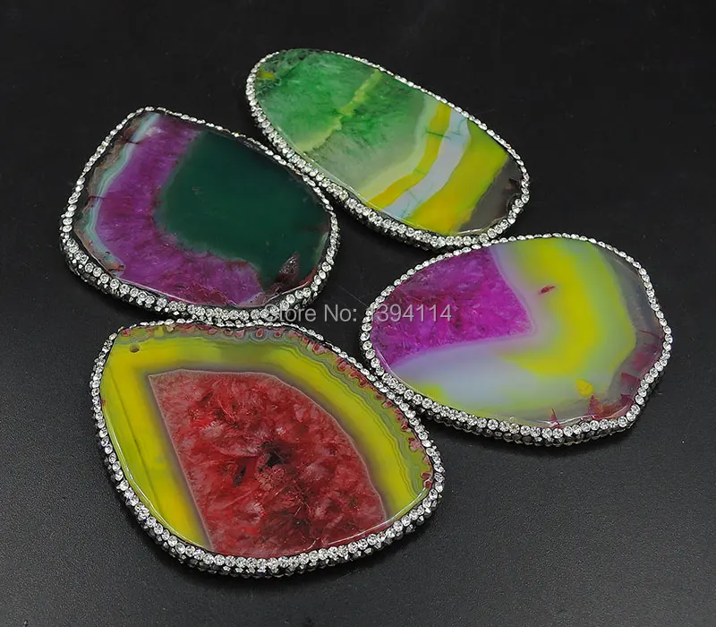 Complex Color Stripe Agate Slice Pendant With Paving CZ Approx 50*35mm