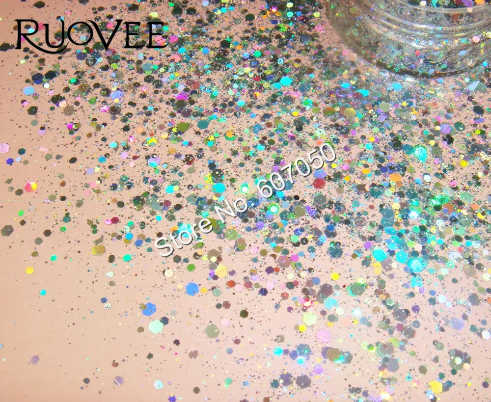 Solvent Resistant Holographic Laser Silver Glitter Mix Hexagon Powder Shape for DIY Nail Polish Makeup Gel Acrylic Craft Art