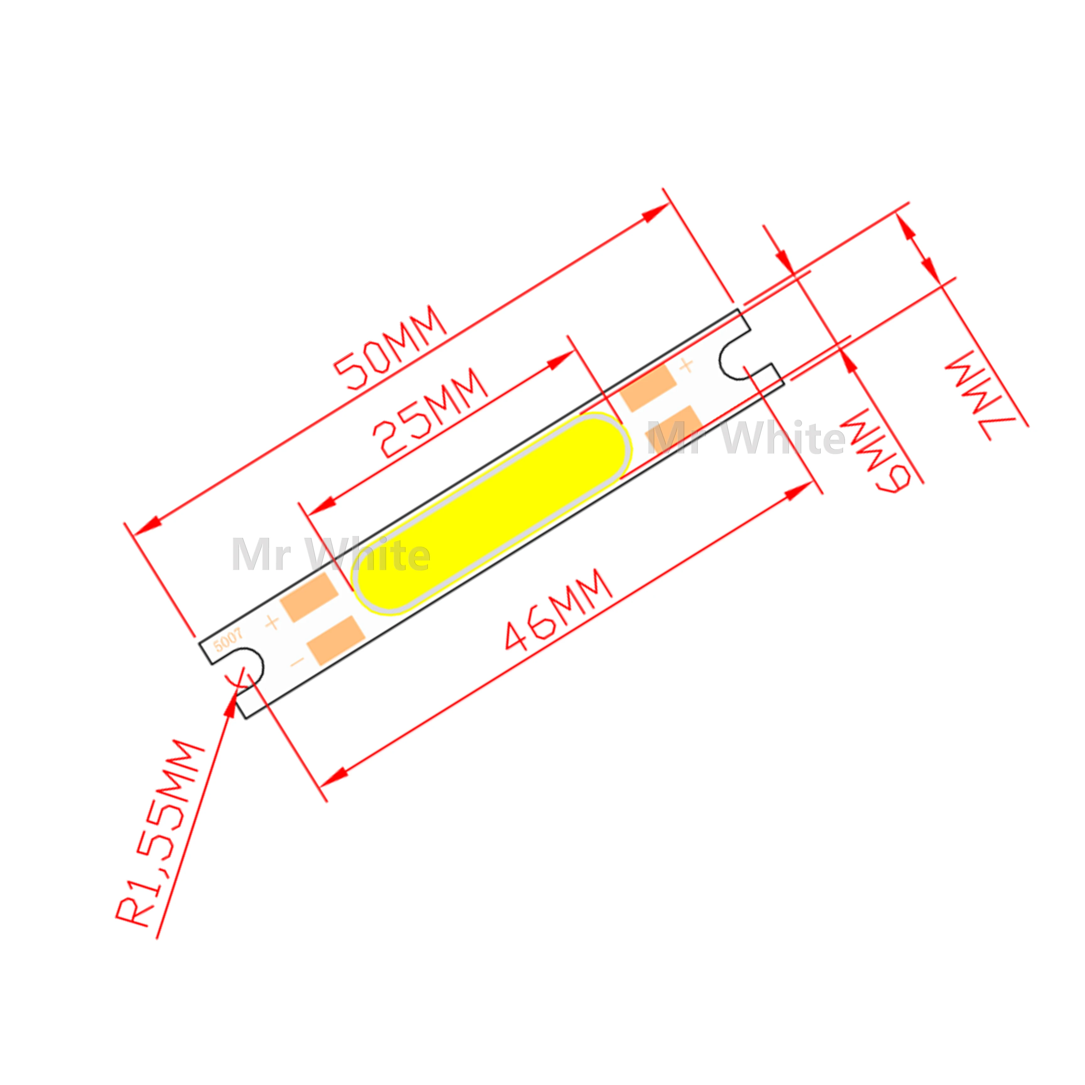 Vendita calda 50 millimetri 7 millimetri di alta lumen LED COB Striscia di Vibrazione Modulo di Sorgente di Luce di chip 3W 5W 9V COB chip lampada