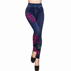 Fashion Slim Women Spring Summer Leggings Faux Denim Jeans Leggings Long Floral Printing Casual Pencil Pants Thin Fleece Inside