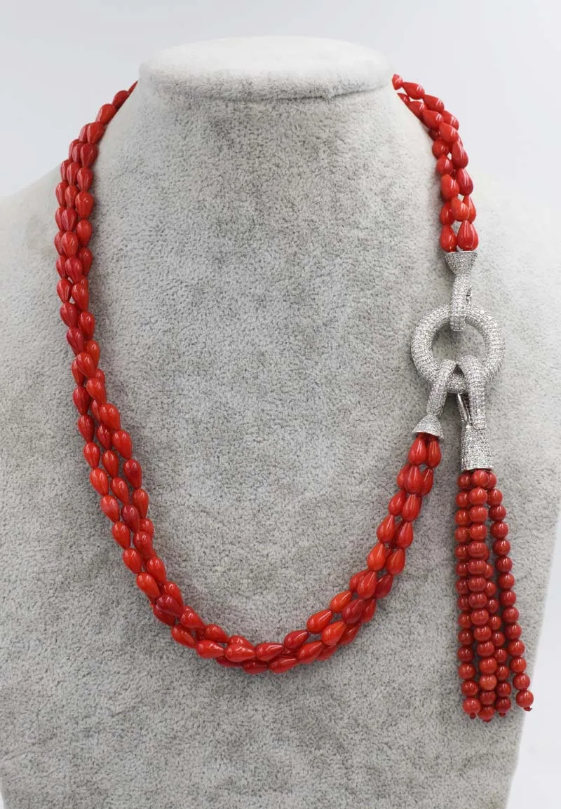 

3rows red coral drop 5*8mm necklace 19" nature wholesale beads FPPJ