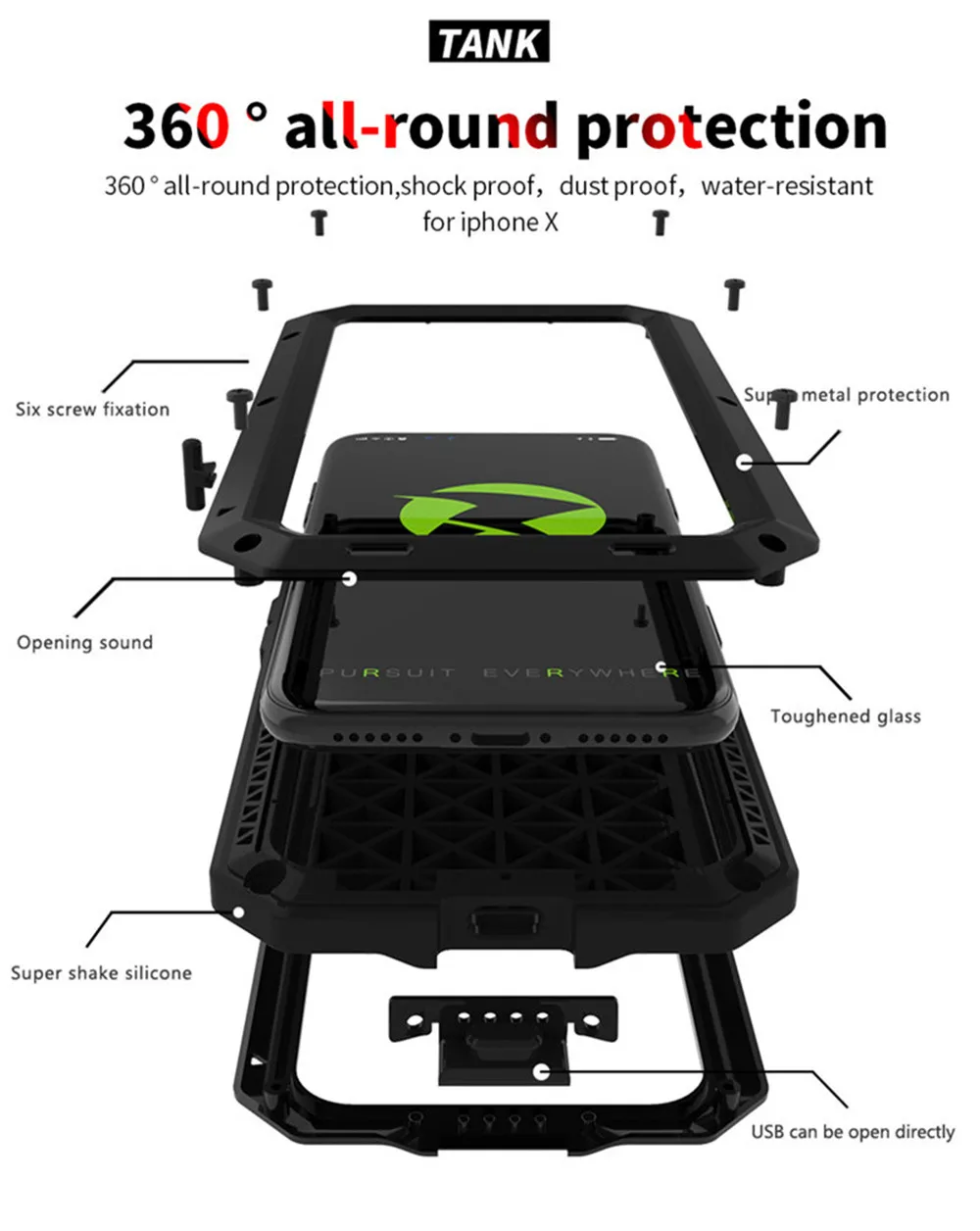 Doom Armor Duty Shock Life-waterproof Metal Aluminum Phone Case For iPhone 14 13 12 11 Pro Max XR Xs 8 7 5S 6 Plus Cover Glass