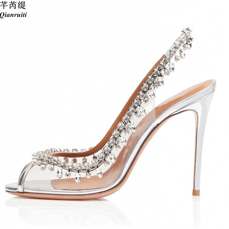 

Qianruiti Clear PVC Crystal Wedding Shoes Women Luxury Bling Bling Rhinestone High Heels Peep Toe Stilettos Party Dress Sandals