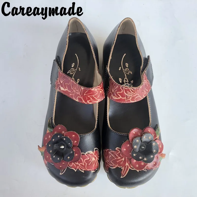 Careaymade-New Summer,Women fashion single shoes,Round mid heels printing flower shoes,Ethnic style hook trend shoes