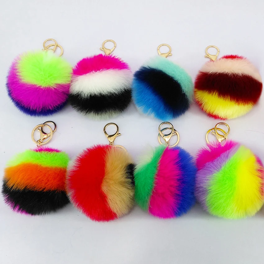 Fashion hair ball Keychain 9cm Colour Faux Fur Pompom Pendant Key Chain new Lovely Key Holder female Bag Charm Accessories K1679