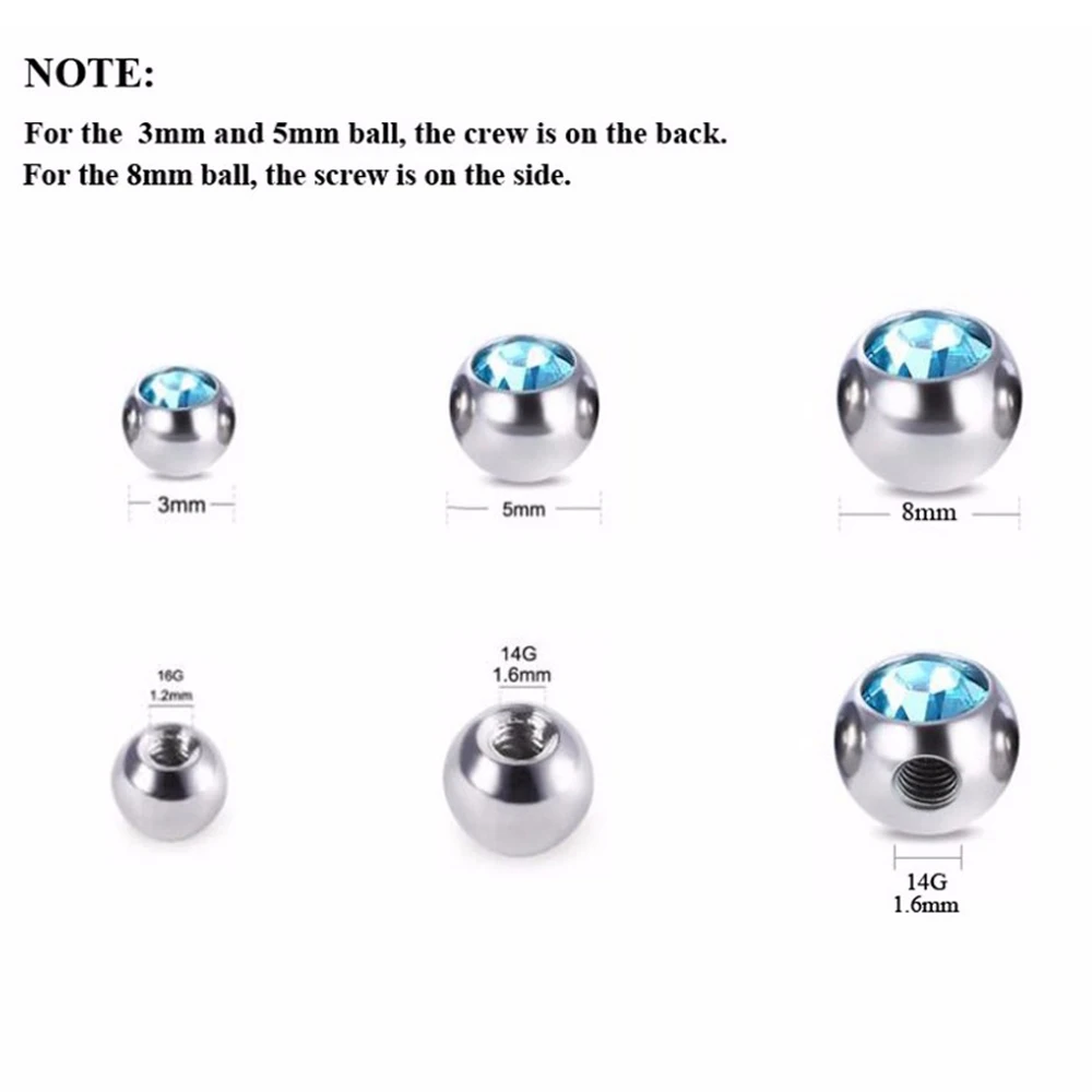 60pcs Stainless Steel CZ Crystal Screw Hole Replacement Balls 16g&14g Tongue Barbell Lip Ring Ear Belly Eyebrow Piercing Jewelry