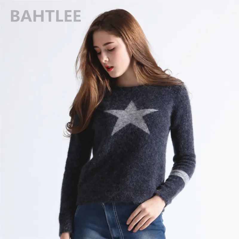 BAHTLEE-Women's Mohair Sweater, O-Neck Wool, Soft Pullovers, Long Sleeve, Short Style, Star Pattern, Spring, Autumn