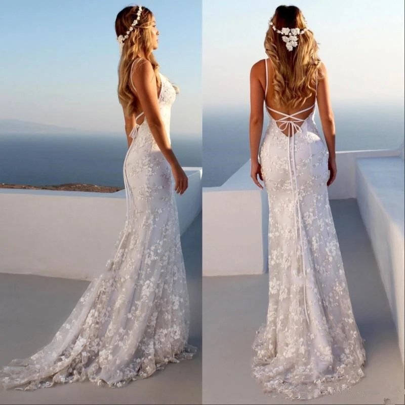 LORIE Glamorous Spaghetti Strap Beach Wedding Dress  2024 Sleeveless Backless Lace Appliques Mermaid Bridal Gowns Plus size