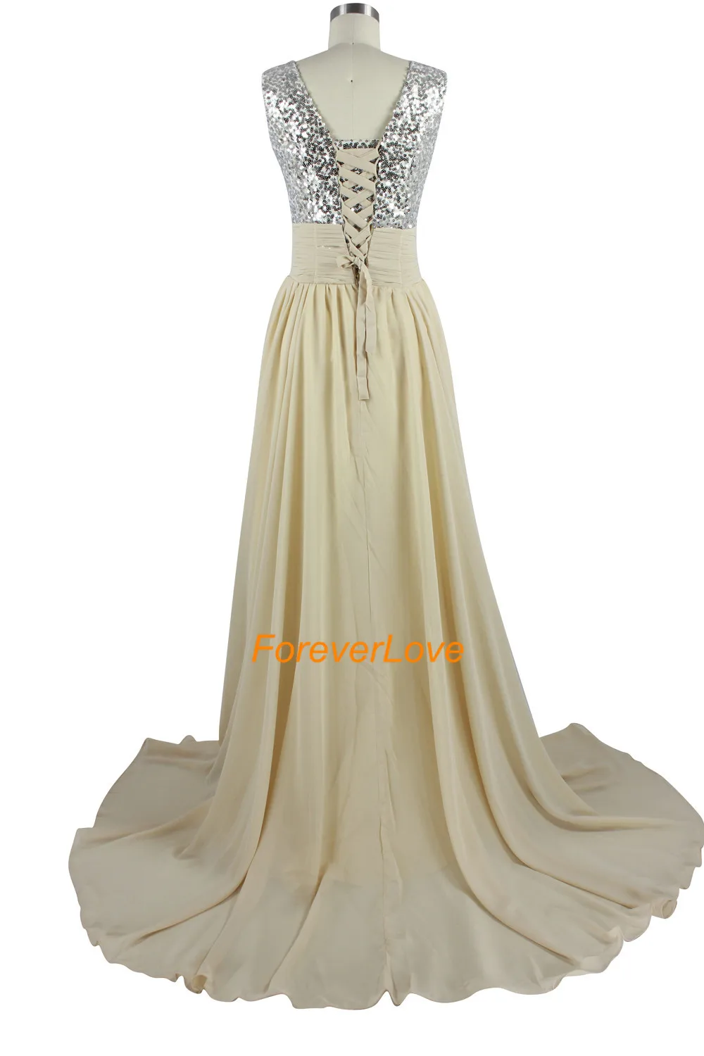 2016 sexy v pescoço lantejoulas chiffon uma linha champagne sem costas chiffon longo vestido de baile festa formal vestido de noite