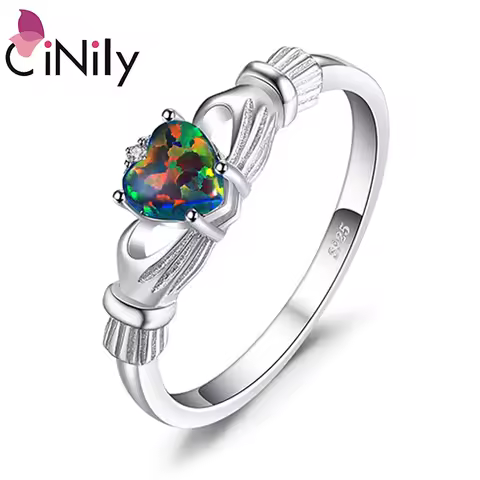 CiNily Rainbow Fire Opal Love Rings Solid 925 Sterling Silver Heart Irish Ring With Stone BOHO Jewelry Woman