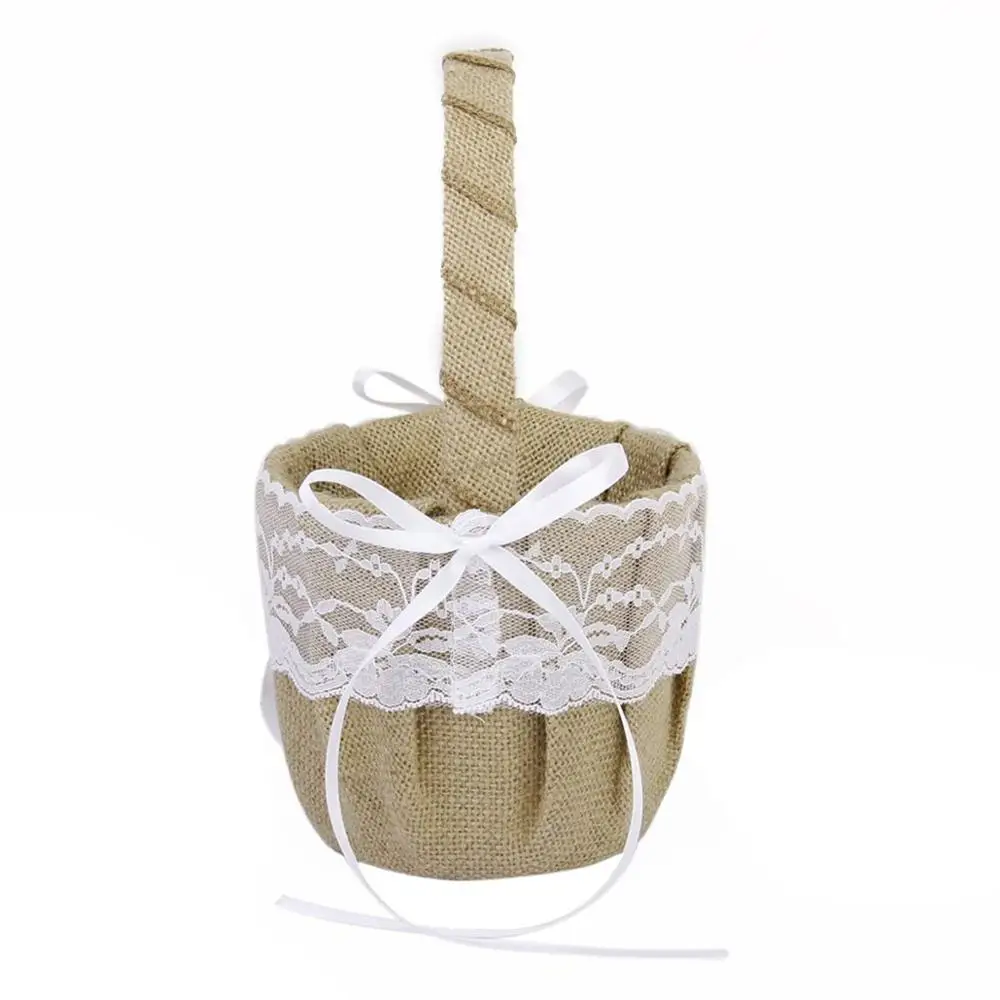 2pcs/set Generic Burlap Jute & Lace Flower Basket Ring Pillow Cushion Rustic Country Wedding Accessories