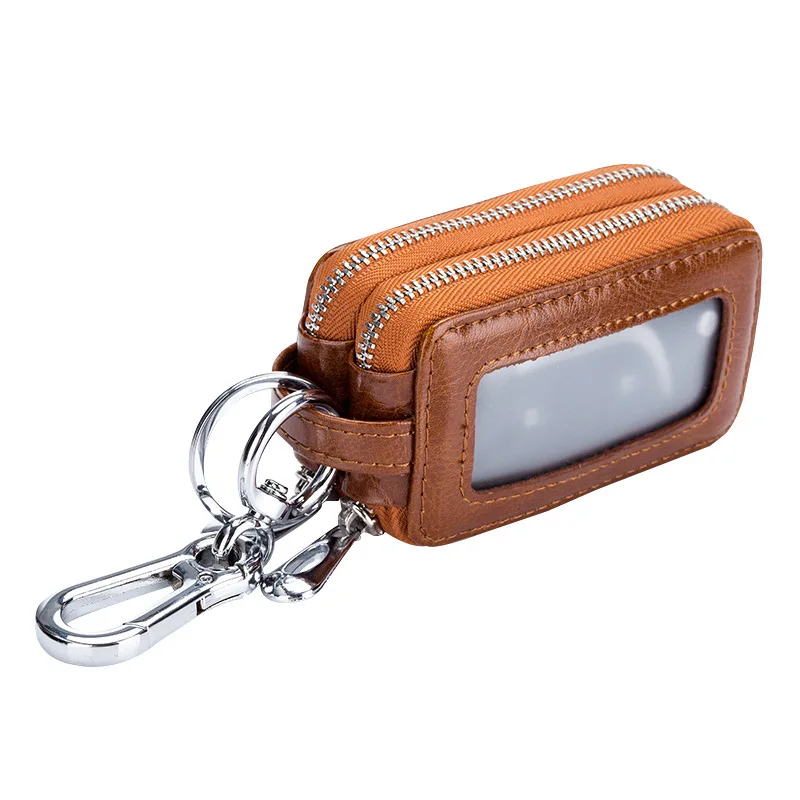 Porte-clés de voiture en cuir véritable pour hommes et femmes, double fermeture éclair, étui carré simple pour la maison, portefeuille porte-clés, gardien 007, nouveau