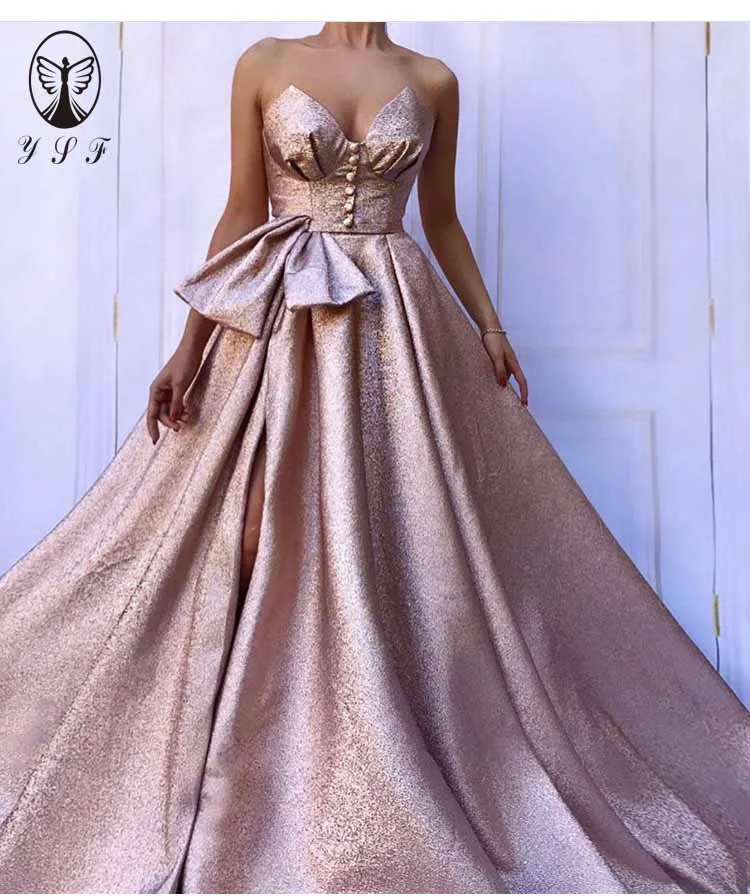 Simple but Elegant Rose Gold Sweetheart Sleeveless Boning Exposed Buttons Thigh Side Slit Bling Bling Prom Dress