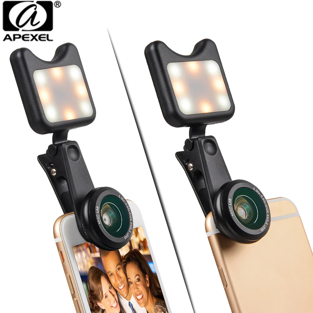 APEXEL LED Selfie Light Fill-in light +0.36X Wide Angle Lens + 15X Macro Lens Kit For iPhone Samsung phones