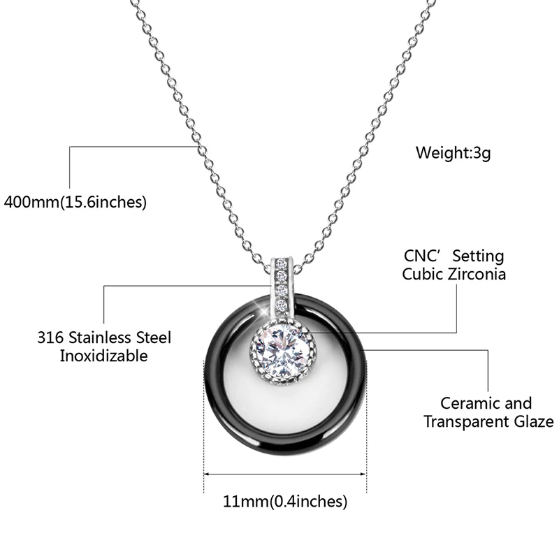 New Big CZ Crystal Stone Ceramic Necklace And Pendants Jewelry  For Women With Free Chain Fashion Simple Style Wedding Jewelry