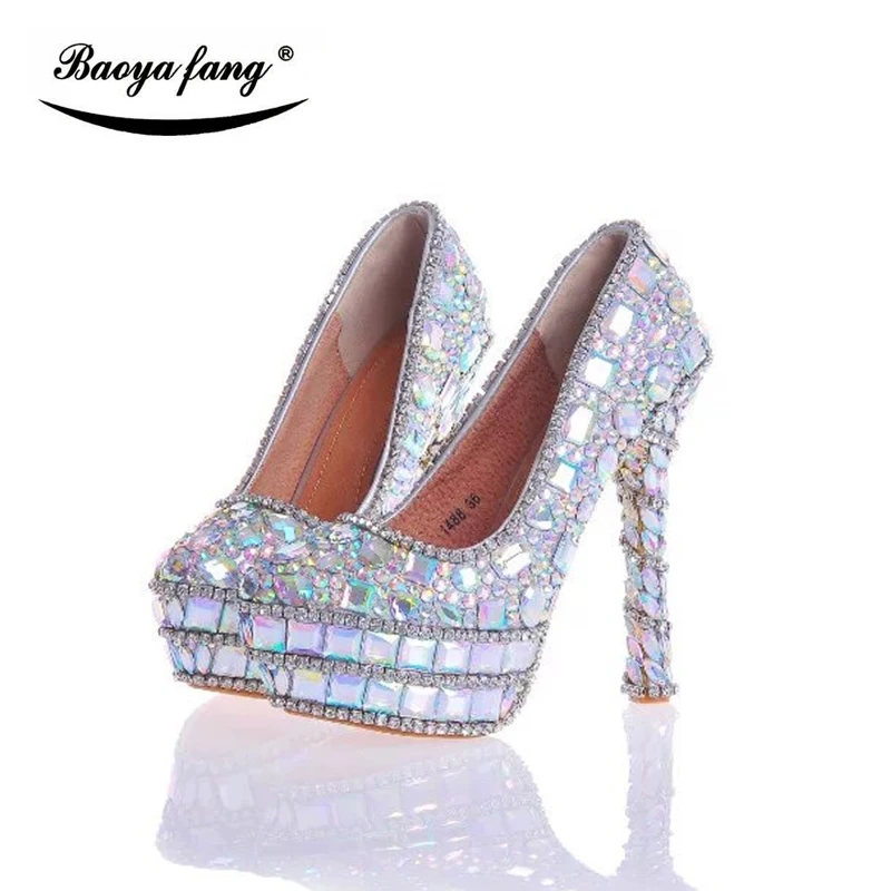 

New Colorful shining crystal wedding shoes women bride party dress shoes high heels platform shoes plus size fashion rhinestone