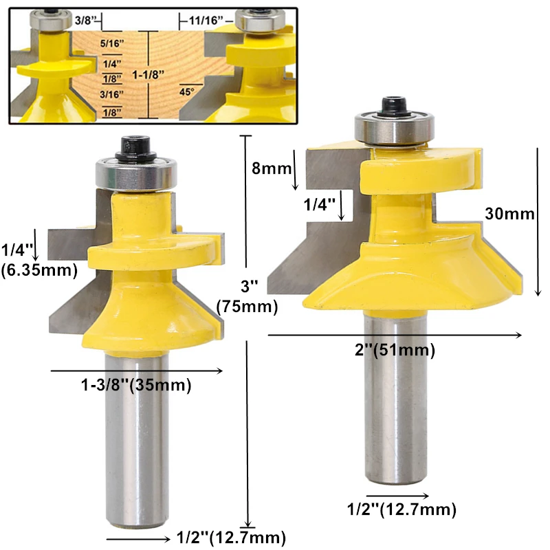 RCT 2pcs Bearings Lock Miter Router Bit Milling Cutters Carbide Wood Cutter For Plywood Woodworking Engraving Machine Tools