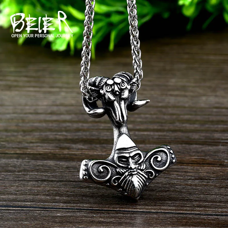 BEIER new store Viking Sheep Head Totem Pendant Nordic Skull Odin Beard Necklace Pendant Retro Hammer Fashion Gift LLBP8-403P