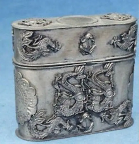 Elaborate Chinese Old Tibetan Silver Dragons Statue Cigarette Case