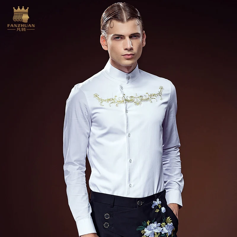 Free Shipping New fashion male Men\'s fanzhuan long sleeved Embroidery white Shirt 612152 gentleman personality collar in stock