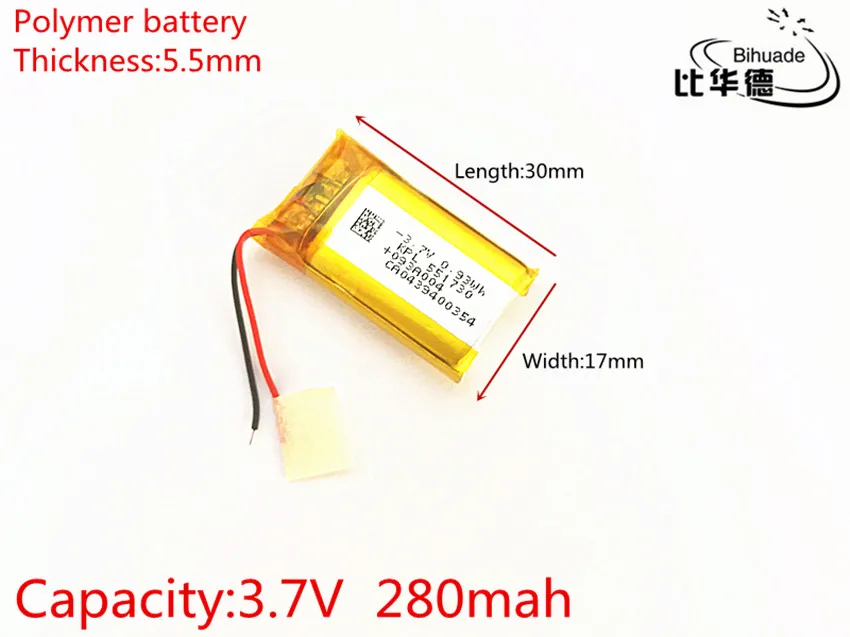 3.7V 280mAh 551730 Lithium Polymer Li-Po li ion Rechargeable Battery cells For Mp3 MP4 MP5 GPS PSP mobile bluetooth