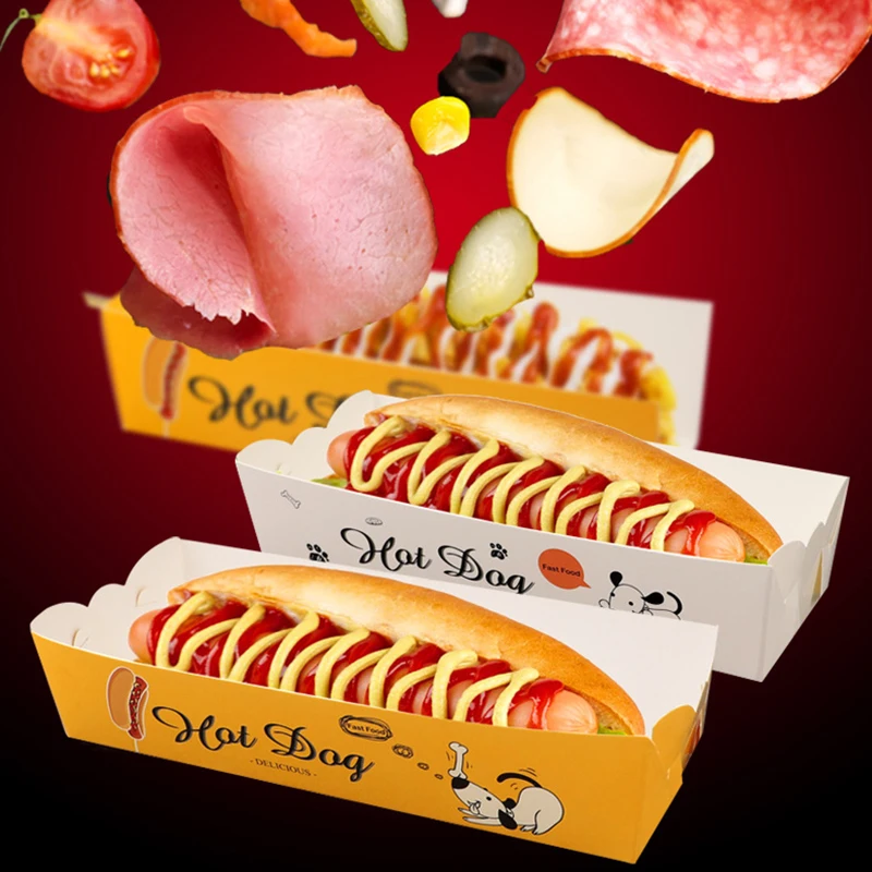 Disposable Hotdog Paper Box, Food Grade, Cantoon Fried Food Tray, White Cardboard, Anti-Oil Packing Box, Rectangle Package Tool