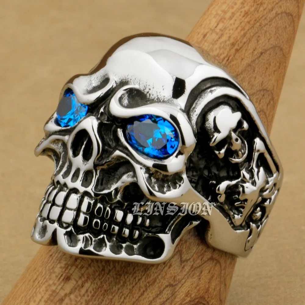 LINSION Punk Jewellery 316L Stainless Steel CZ Eyes Titan Skull Ring Mens Boys Biker Rock Style 3AX01