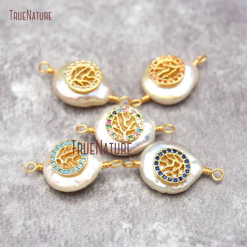 CZ Pave Gold Color Tree life Round Freshwater Pearl Pendant 12x21mm PC27240