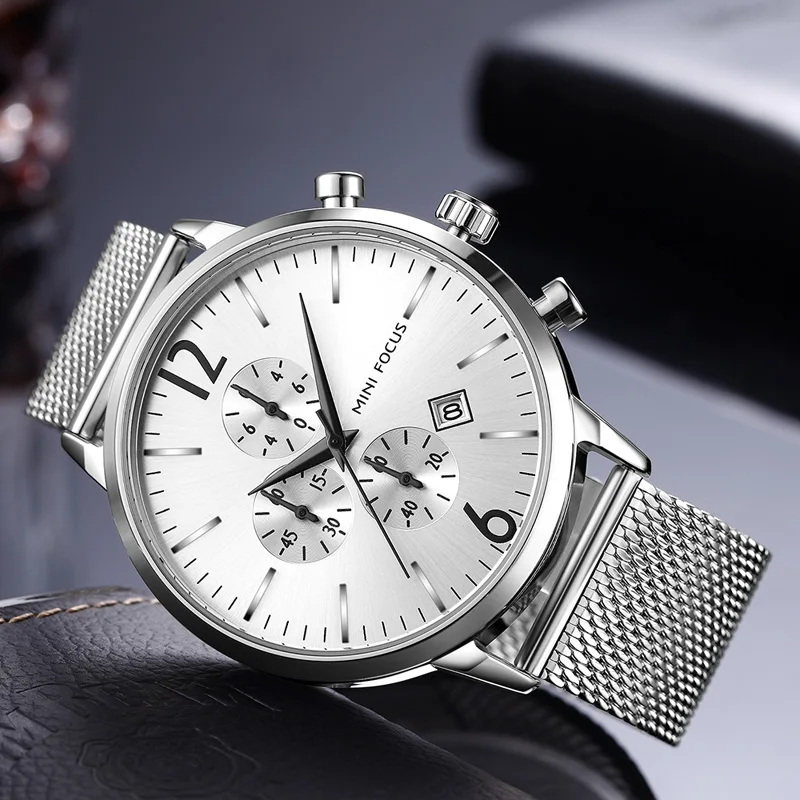 MINI FOCUS Men Classic Quartz Watches Stainless Steel Mesh Bracelet Chronograph Waterproof Wristwatch Man Relogios 0185G Silver