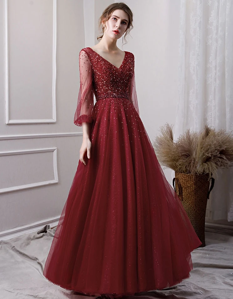 Luxe Avondjurken 2019 A-lijn Lange Mouwen Kralen Kristallen Dark Red Vrouwen Formele Party Prom Dress Robe de Soiree