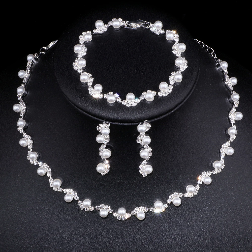 Newest Simulated Pearl Bride Wedding Jewelry Sets Elegant Crystal Necklace Earrings Bracelets Sets Women Party Accessories WX040