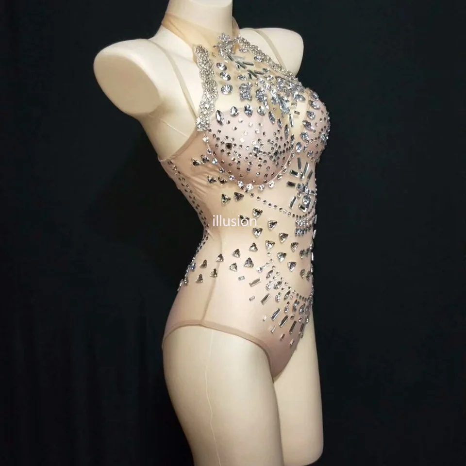 Sexy perspectiva cristal collant feminino cantor dançarino strass bodysuit dança traje feminino festa desempenho roupa interior