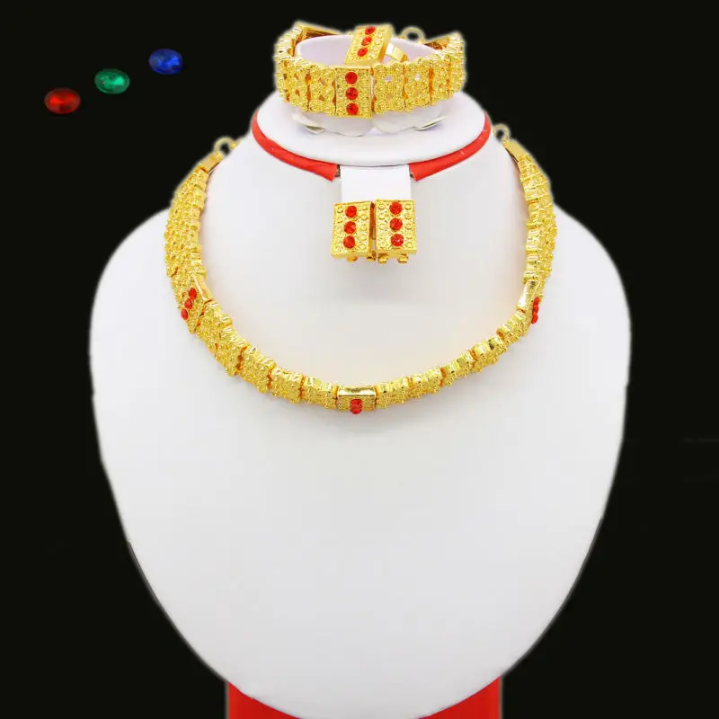 

Ethiopian Tradition Jewelry sets Gold Color Crystal Necklace/Bracelet/Earring/Ring African Eritrea Women Jewlery Set