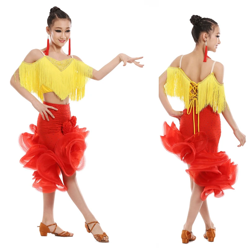 Kids Tassels Latin Salsa Ballroom Stage wear Dance Competition Dresses Costumes for Girls Dancer Wear Dancing Clothes