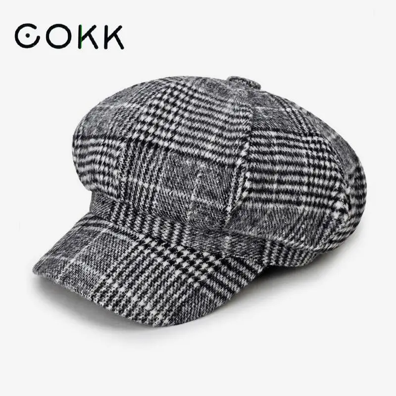 COKK Newsboy Cap Plaid Octagonal Hats For Women Men Classic Vintage Beret Autumn Winter Hats For Ladies Girl Beret Hat Female