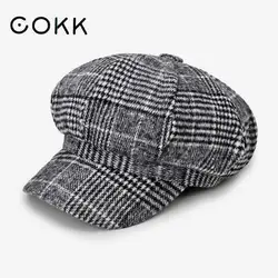 COKK – casquette de livreur, chapeau octogonal à carreaux pour femmes et hommes, béret classique Vintage, automne hiver