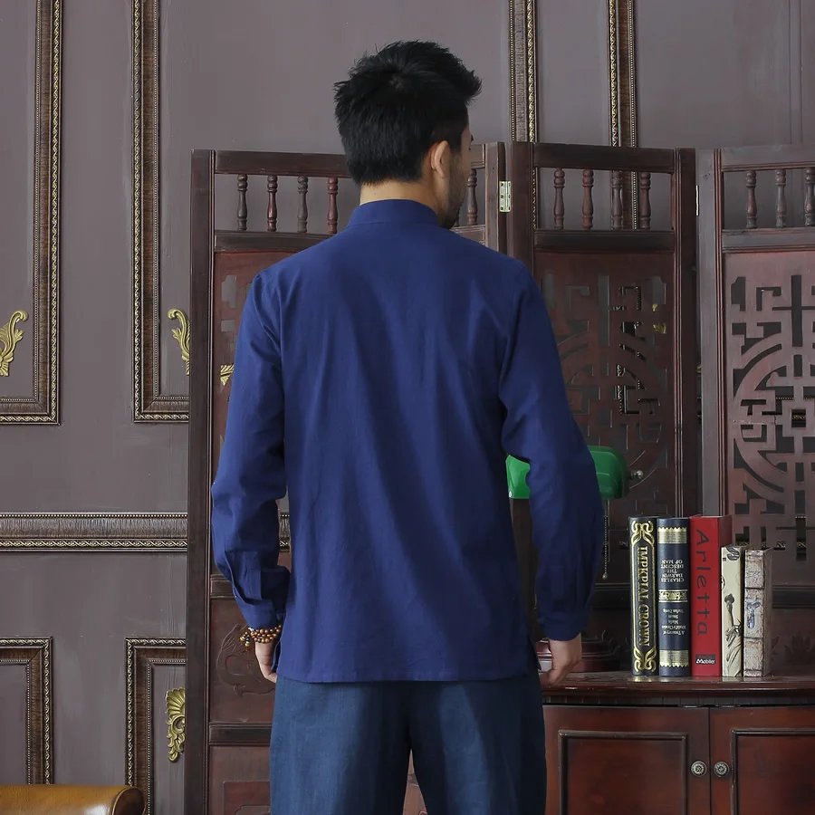 Summer New Navy Blue Chinese Traditional Men\'s Mandarin Collar Solid Cotton Long Sleeve Kung-Fu Shirt Coat M L XL XXL XXXL D01