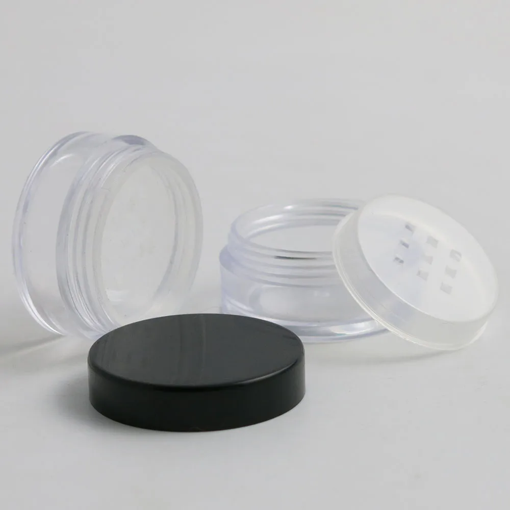 

50pcs/lot 10g Plastic Loose Powder Jar with Sifter Black Cap Empty Cosmetic Container Makeup Compact Portable Powder Box